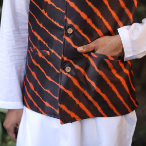Black - Leheriya Tie & Dye Chanderi Silk Handloom Nehru Jacket 04