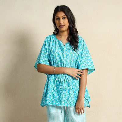 Blue - Block Printed Cotton Kaftan Pyjama Night Suit Set