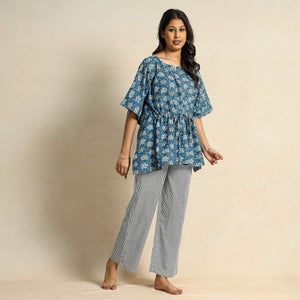 Blue - Hand Block Printed Cotton Kaftan & Pyjama Night Suit Set