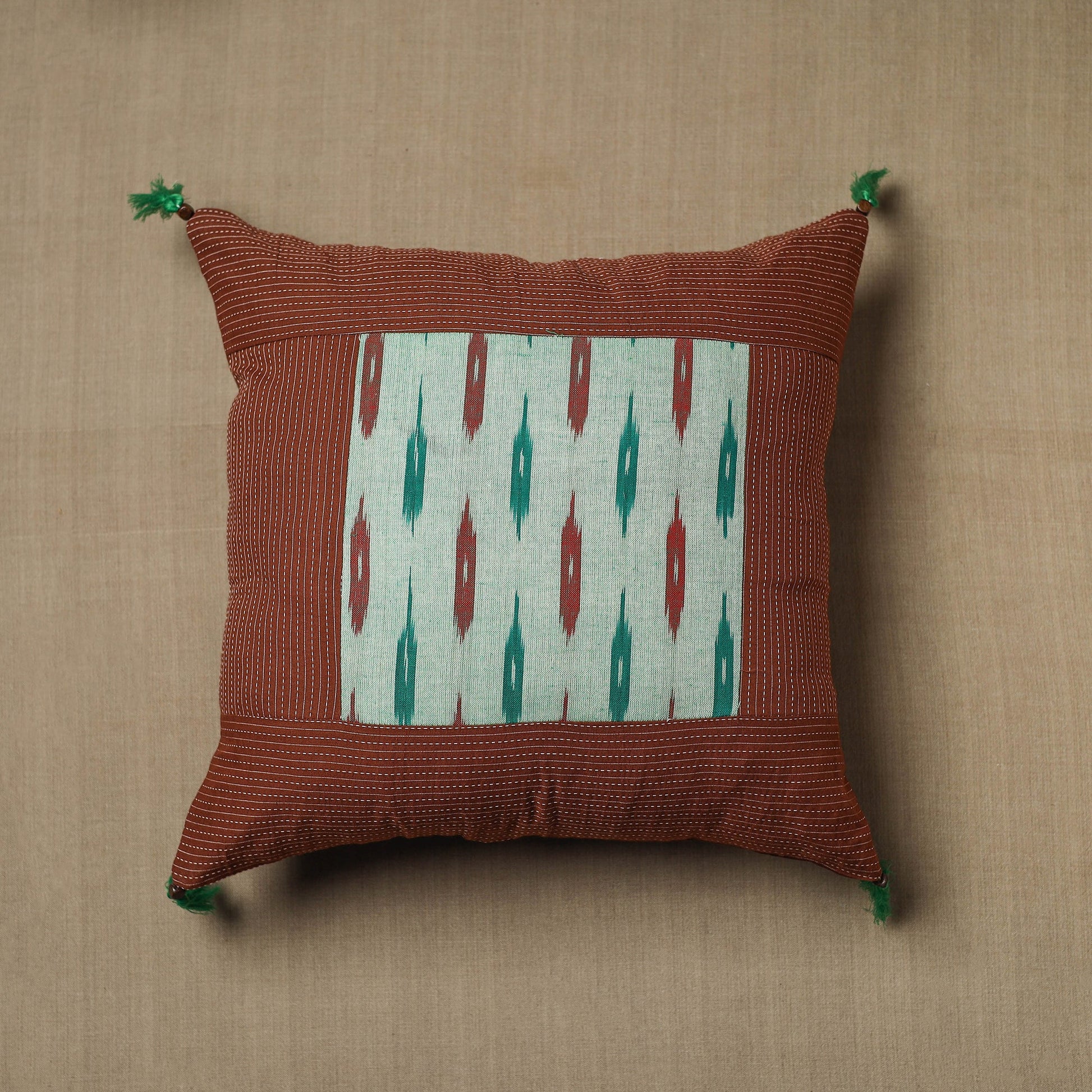Brown - Kantha Stitch Ikat Cotton Cushion Cover (16 x 16 in) 16