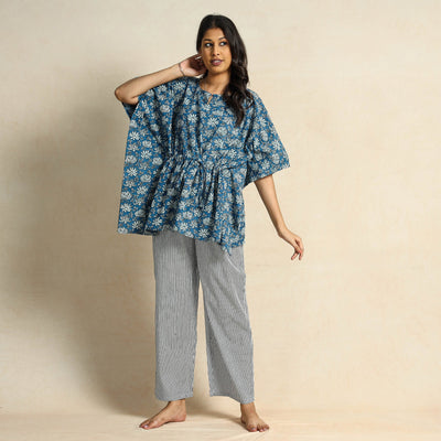 Blue - Hand Block Printed Cotton Kaftan & Pyjama Night Suit Set