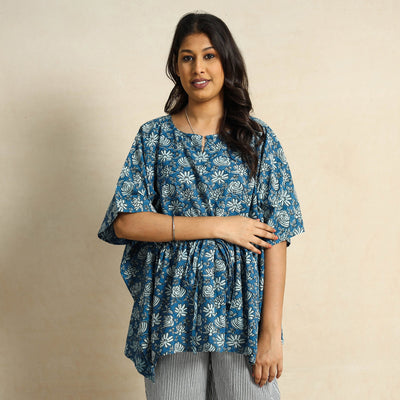 Blue - Hand Block Printed Cotton Kaftan & Pyjama Night Suit Set