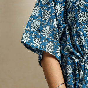 Blue - Hand Block Printed Cotton Kaftan & Pyjama Night Suit Set