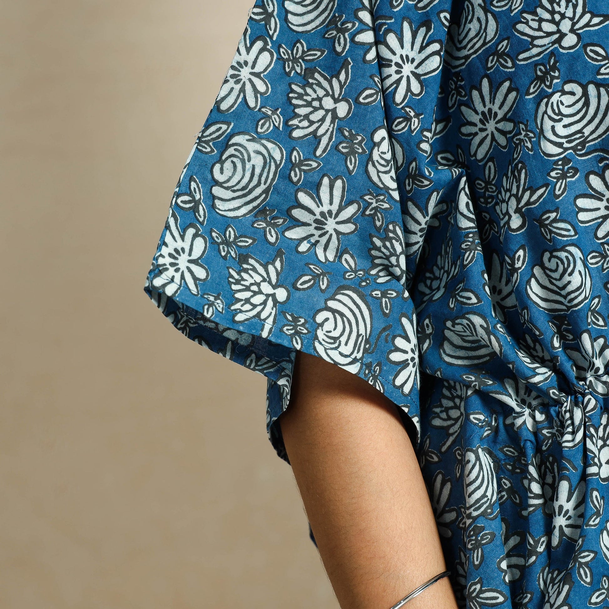 Blue - Hand Block Printed Cotton Kaftan & Pyjama Night Suit Set