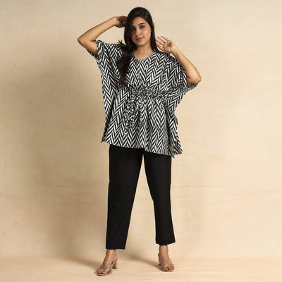 Black - Sanganeri Block Printed Cotton Kaftan & Pyjama Night Suit Set