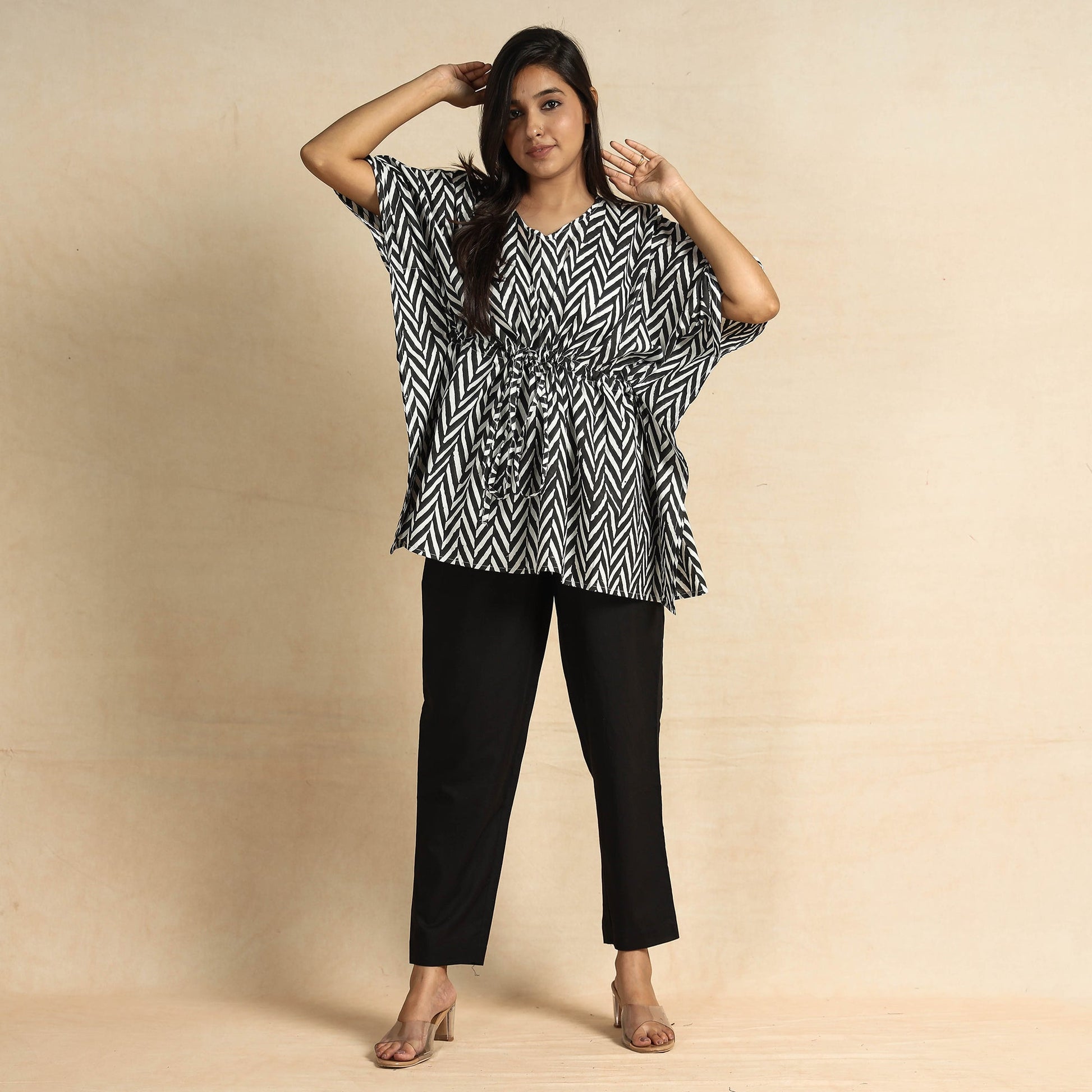 Black - Sanganeri Block Printed Cotton Kaftan & Pyjama Night Suit Set