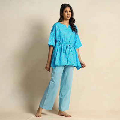 Blue - Hand Block Printed Cotton Kaftan & Pyjama Night Suit Set