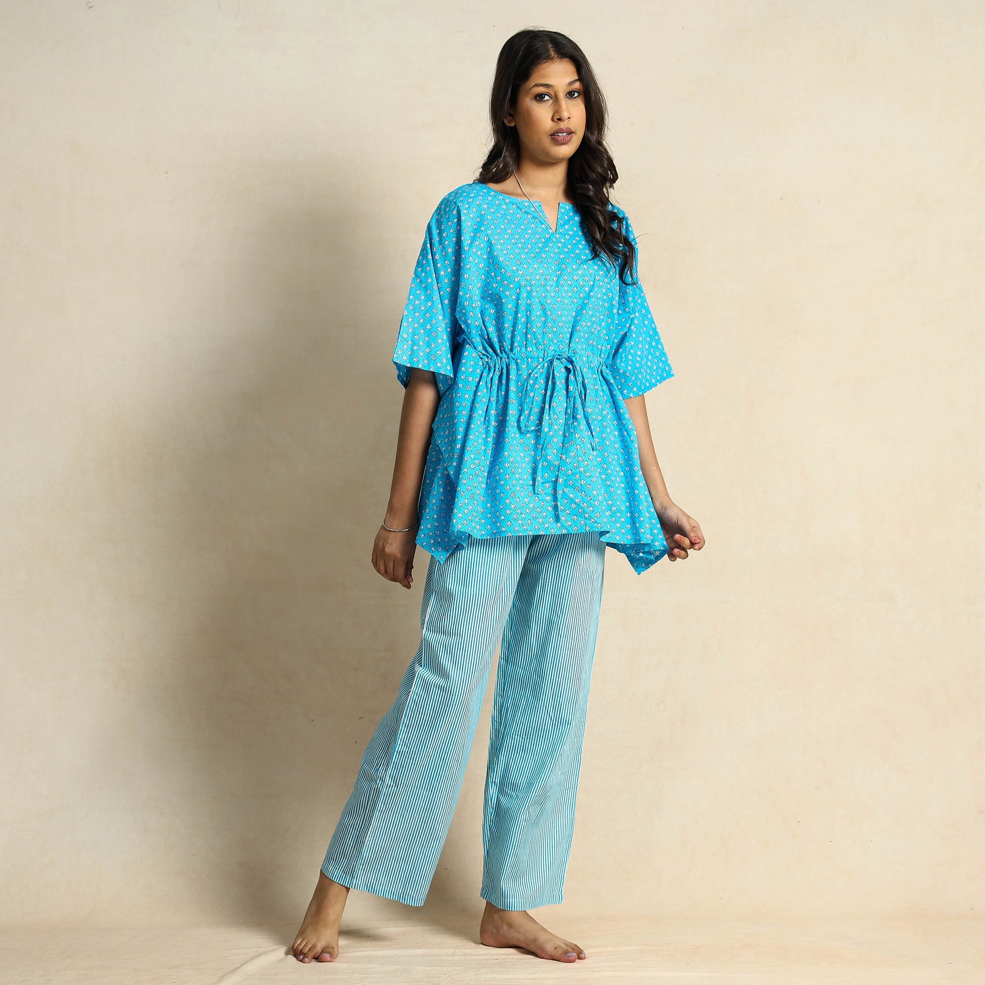 Blue - Hand Block Printed Cotton Kaftan & Pyjama Night Suit Set