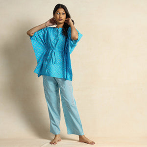 Blue - Hand Block Printed Cotton Kaftan & Pyjama Night Suit Set