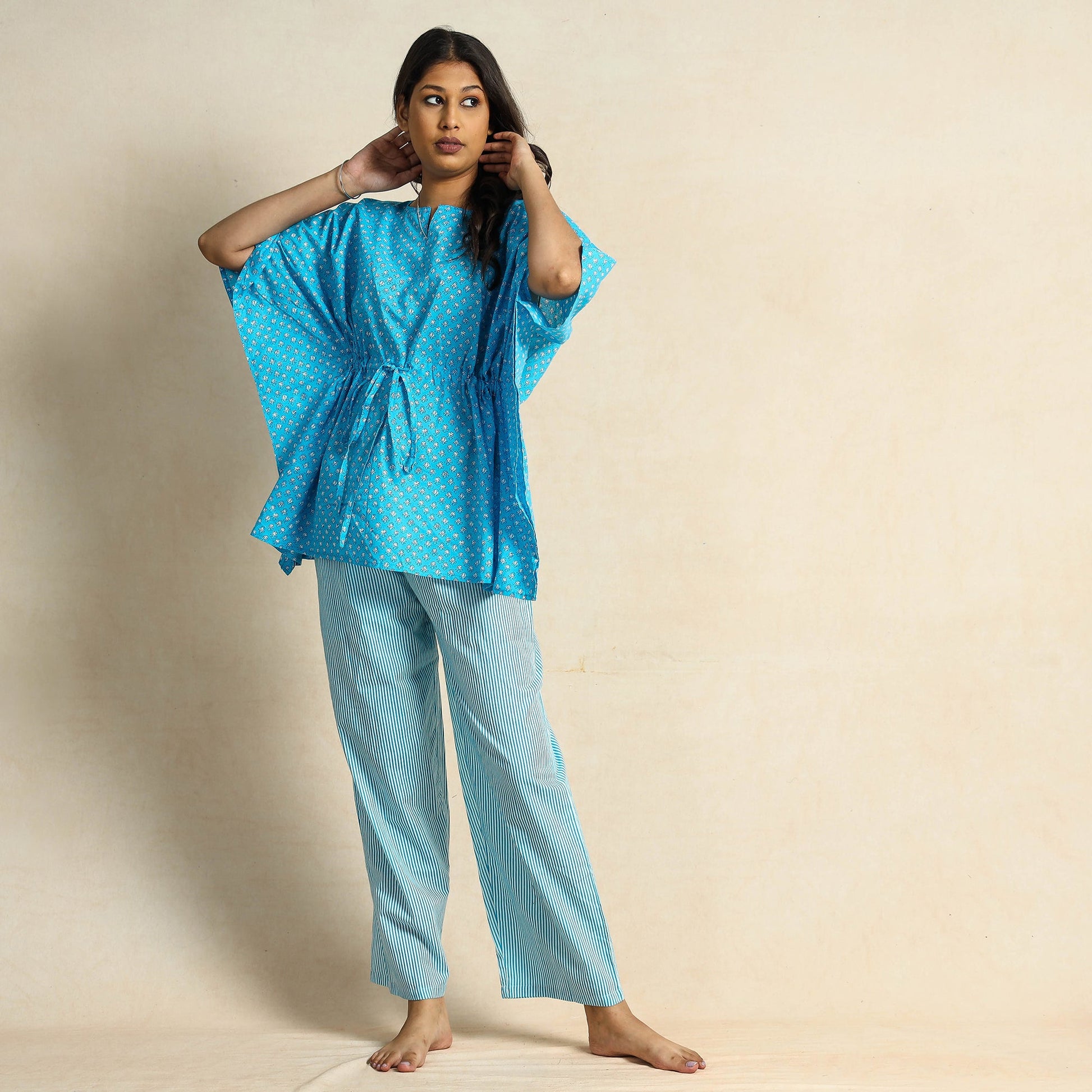 Blue - Hand Block Printed Cotton Kaftan & Pyjama Night Suit Set