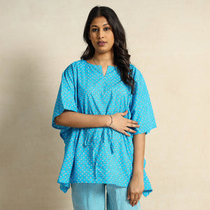Blue - Hand Block Printed Cotton Kaftan & Pyjama Night Suit Set
