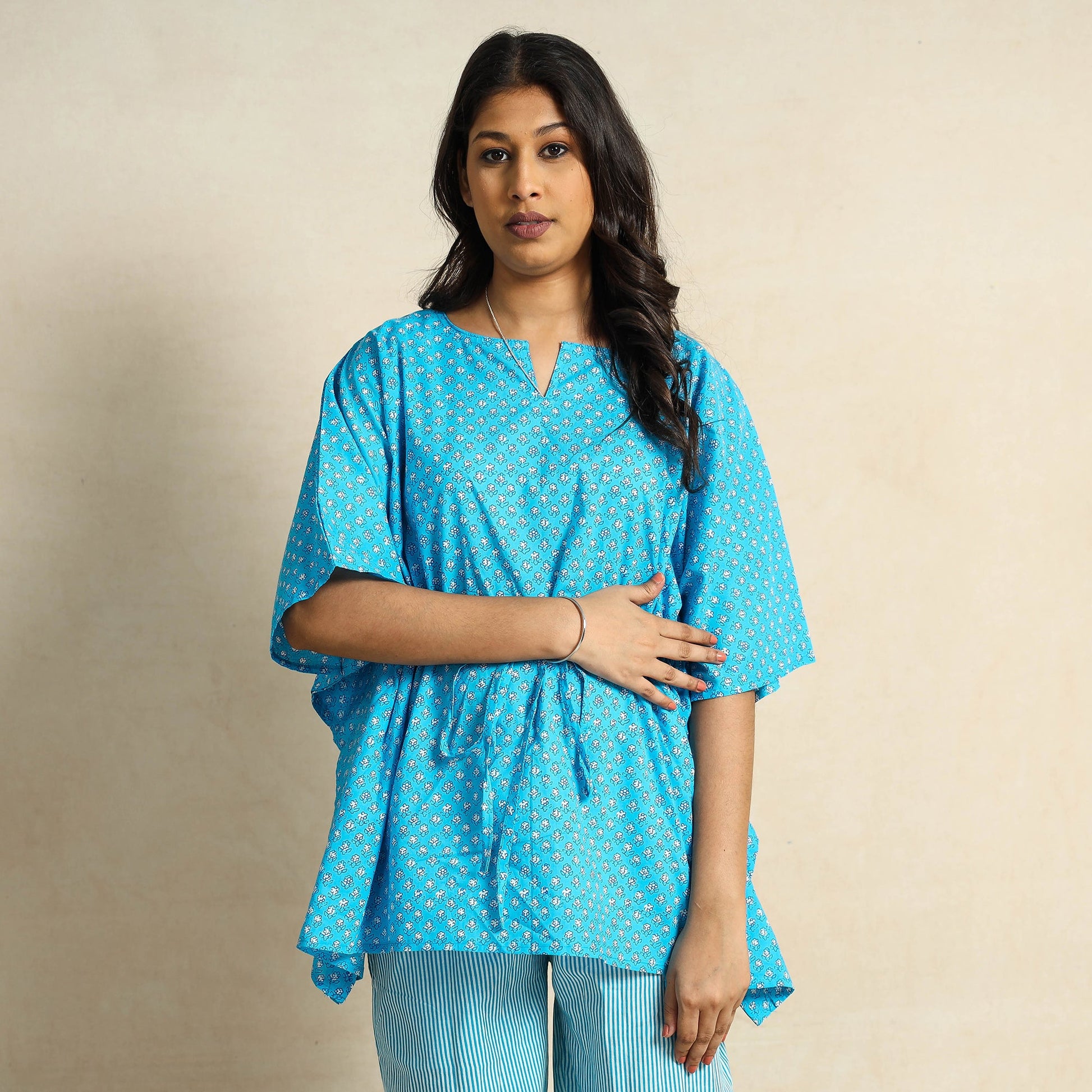 Blue - Hand Block Printed Cotton Kaftan & Pyjama Night Suit Set