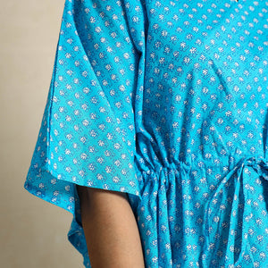 Blue - Hand Block Printed Cotton Kaftan & Pyjama Night Suit Set