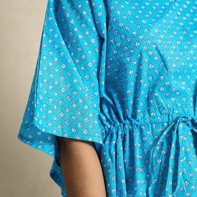 Blue - Hand Block Printed Cotton Kaftan & Pyjama Night Suit Set