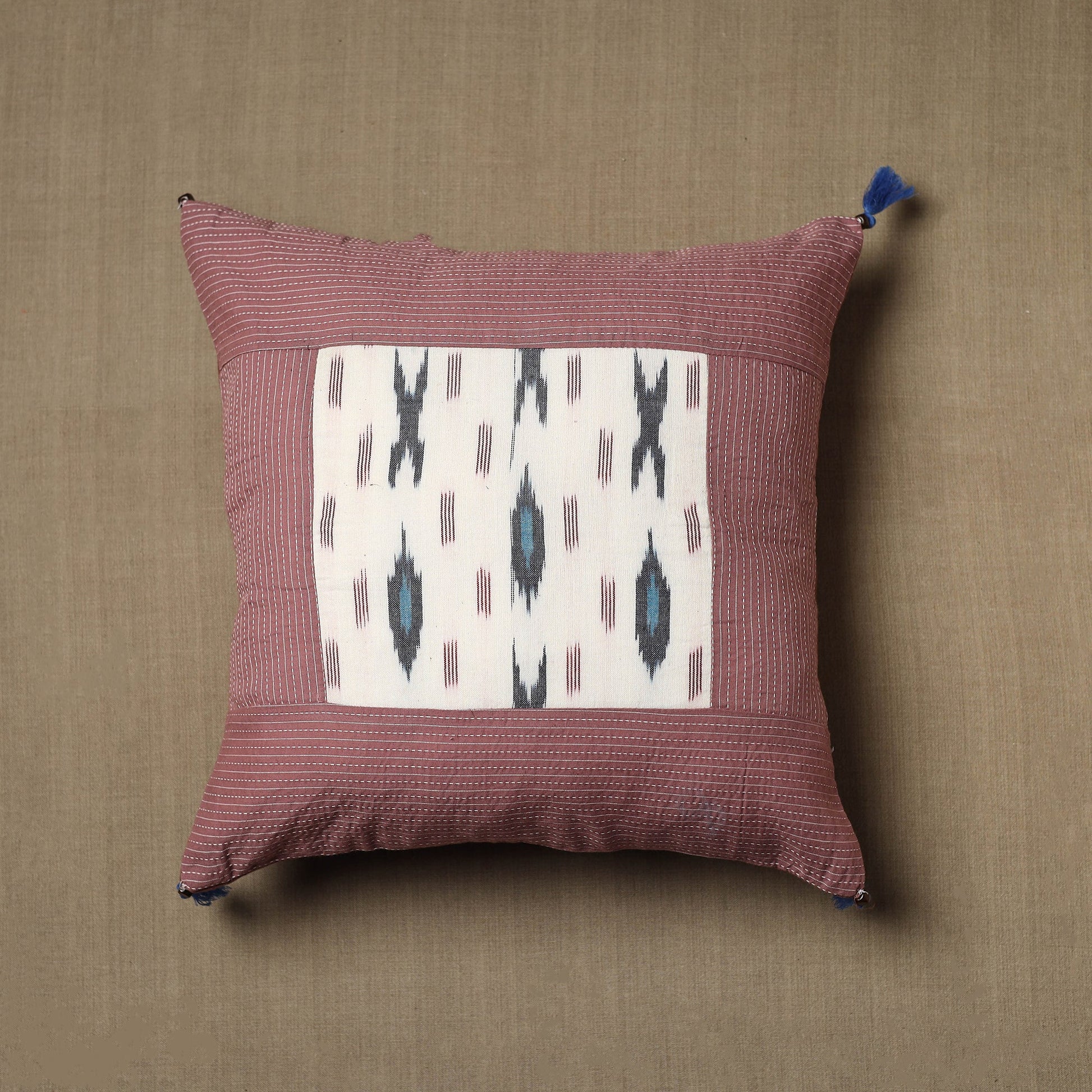 Brown - Kantha Stitch Ikat Cotton Cushion Cover (16 x 16 in) 01
