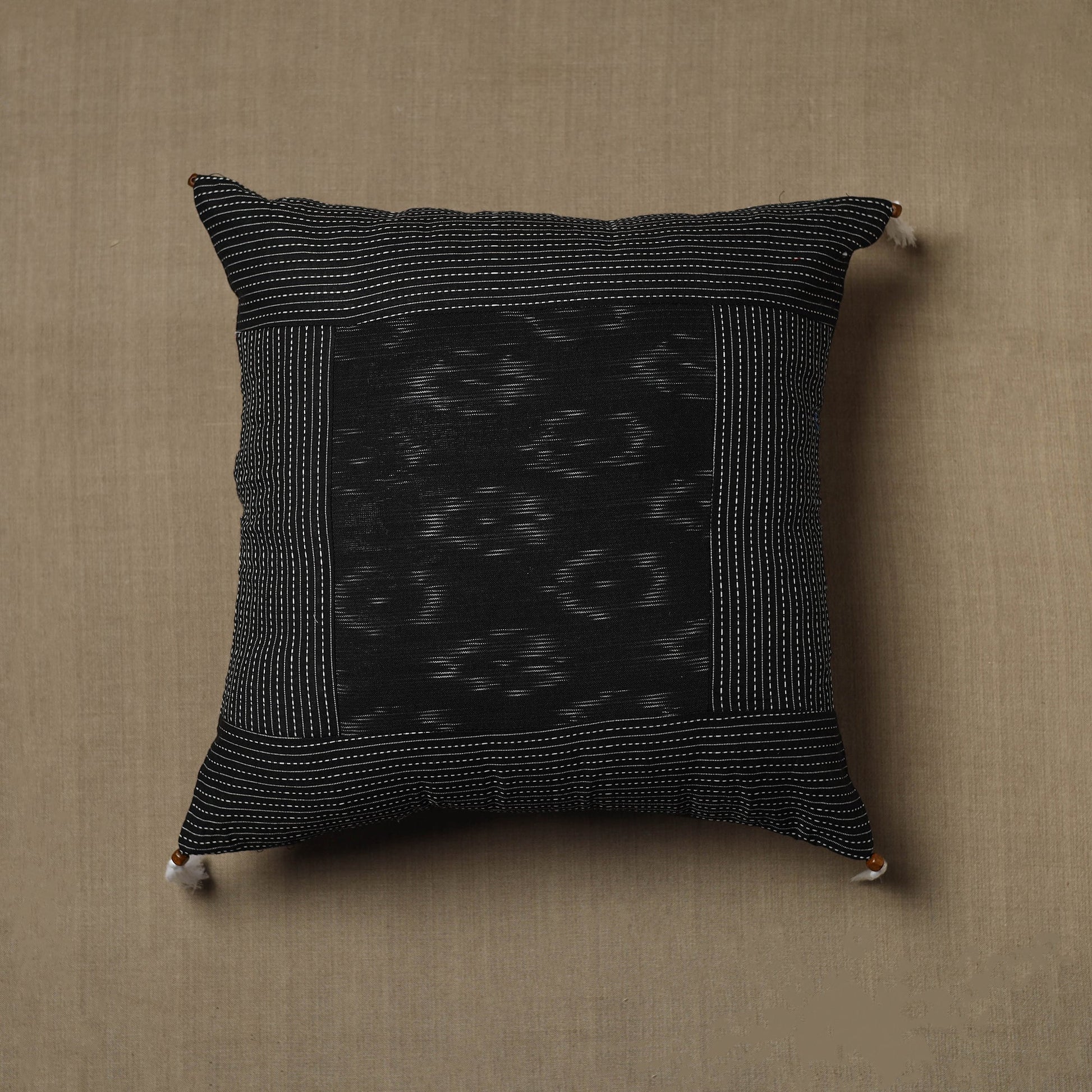 Black - Kantha Stitch Ikat Cotton Cushion Cover (16 x 16 in) 26