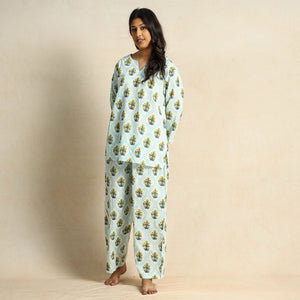 Blue - Hand Block Printed Cotton Night Suit