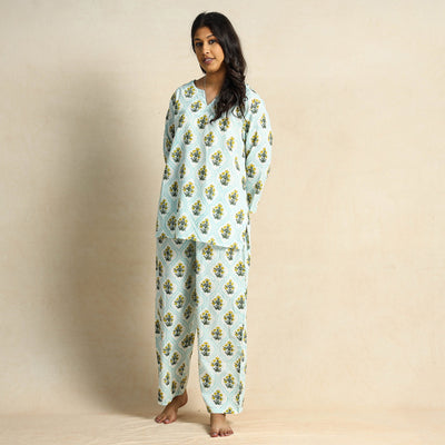 Blue - Hand Block Printed Cotton Night Suit