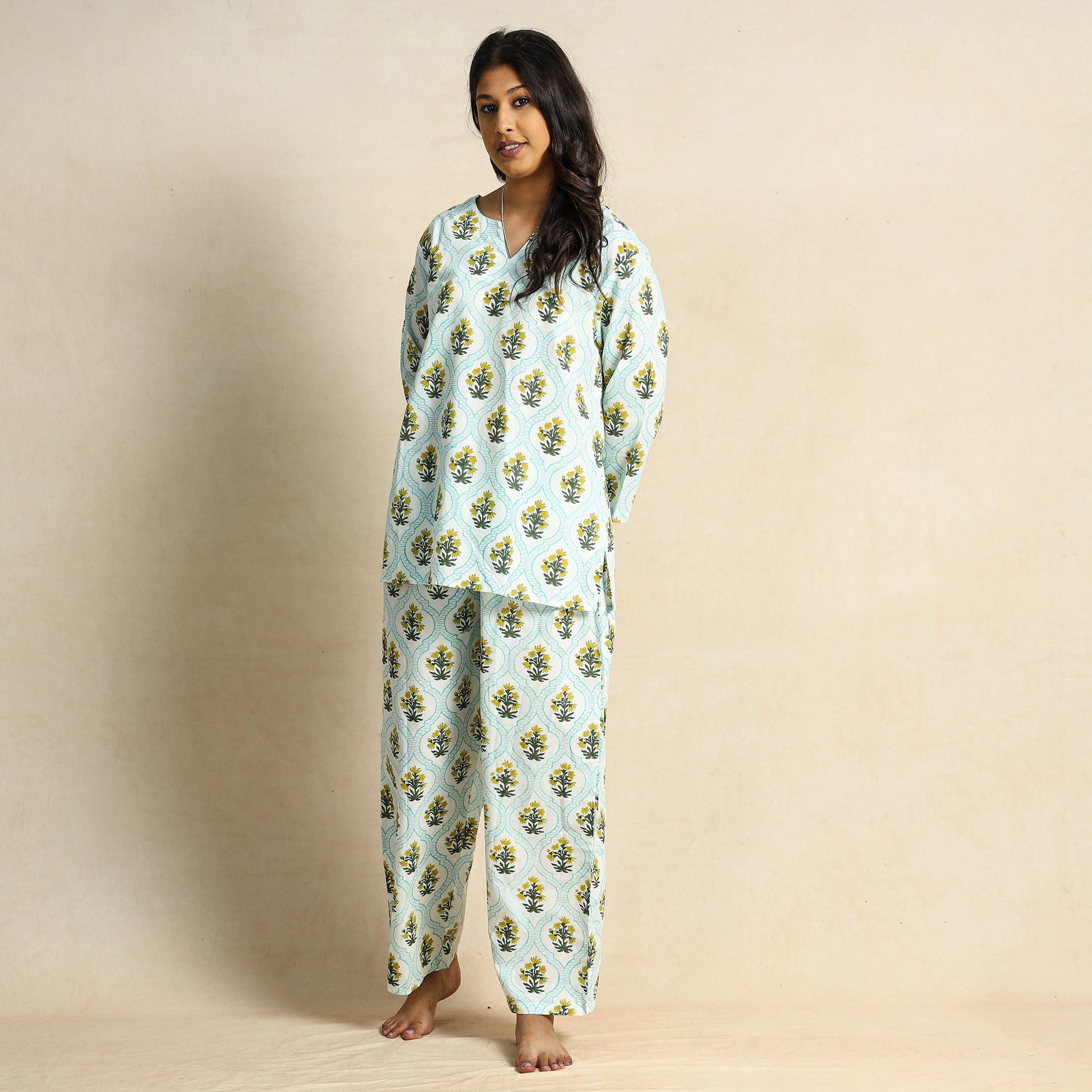 Blue - Hand Block Printed Cotton Night Suit