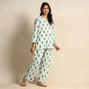 Blue - Hand Block Printed Cotton Night Suit