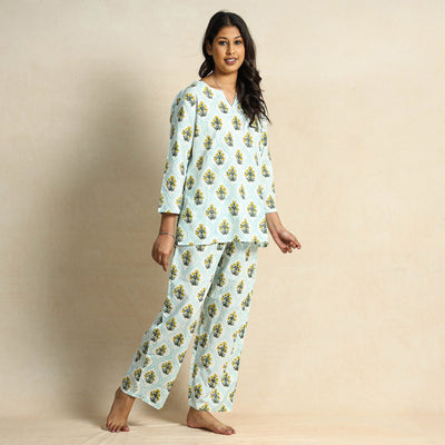 Blue - Hand Block Printed Cotton Night Suit