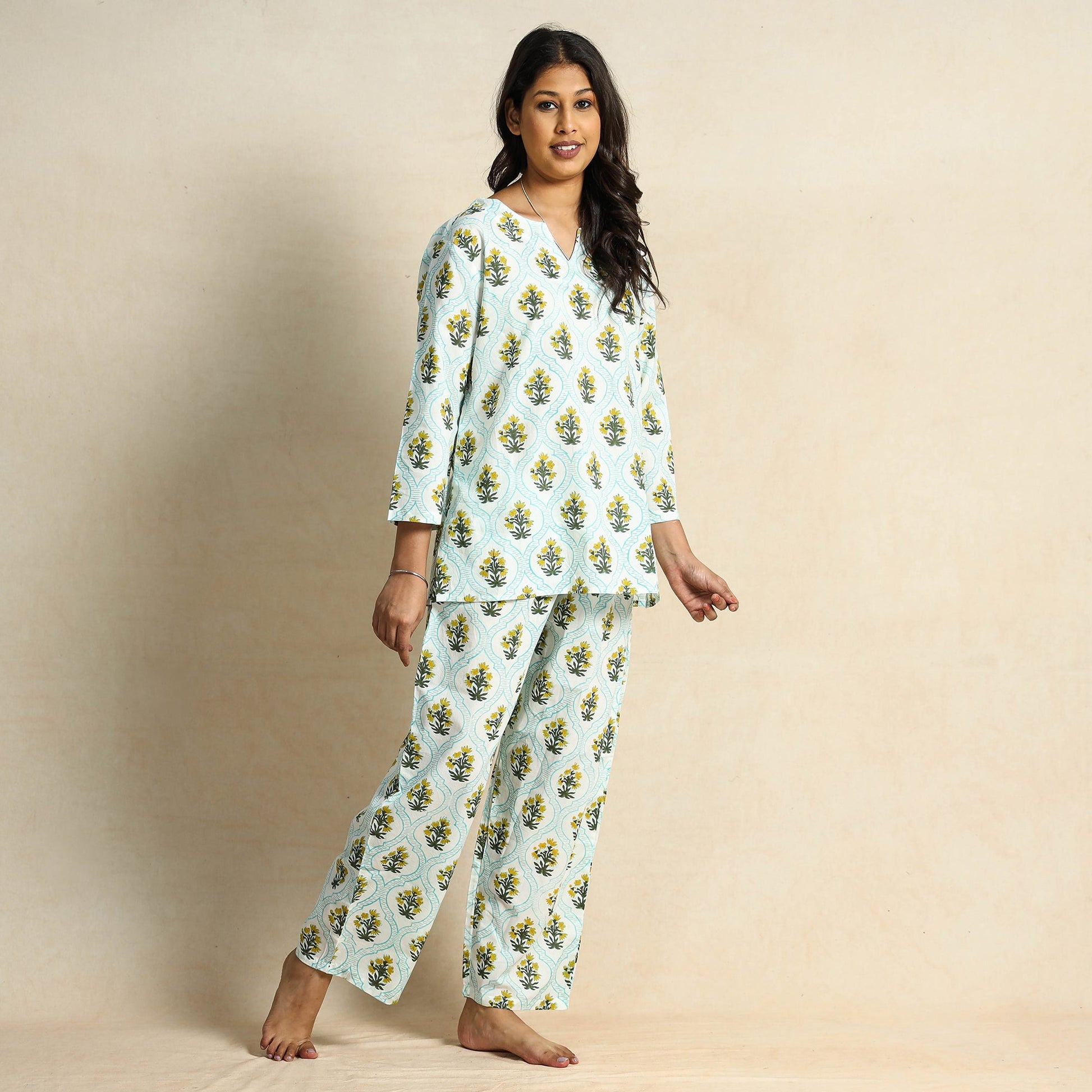 Blue - Hand Block Printed Cotton Night Suit