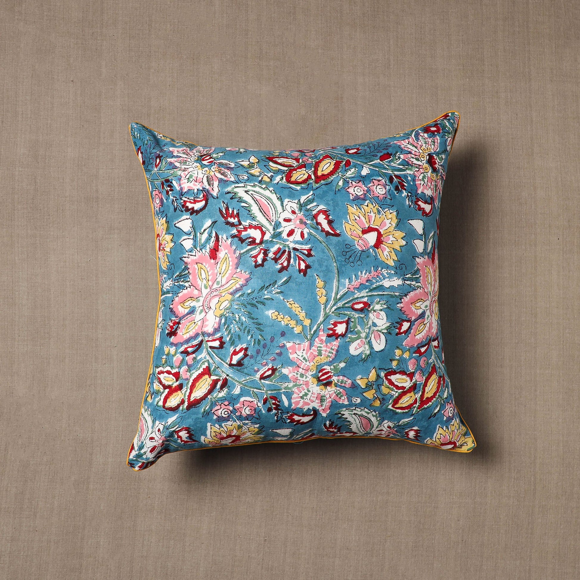 Blue - Block Print Cotton Sanganeri Cushion Cover (16 x 16 in) 19