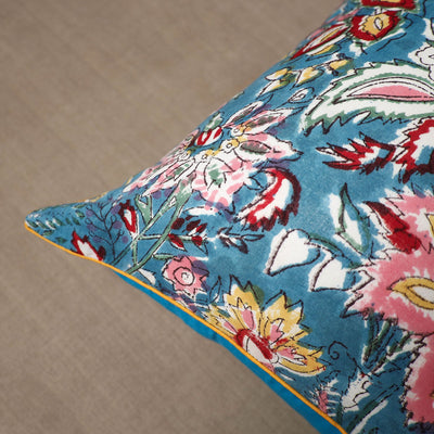 Blue - Block Print Cotton Sanganeri Cushion Cover (16 x 16 in) 19
