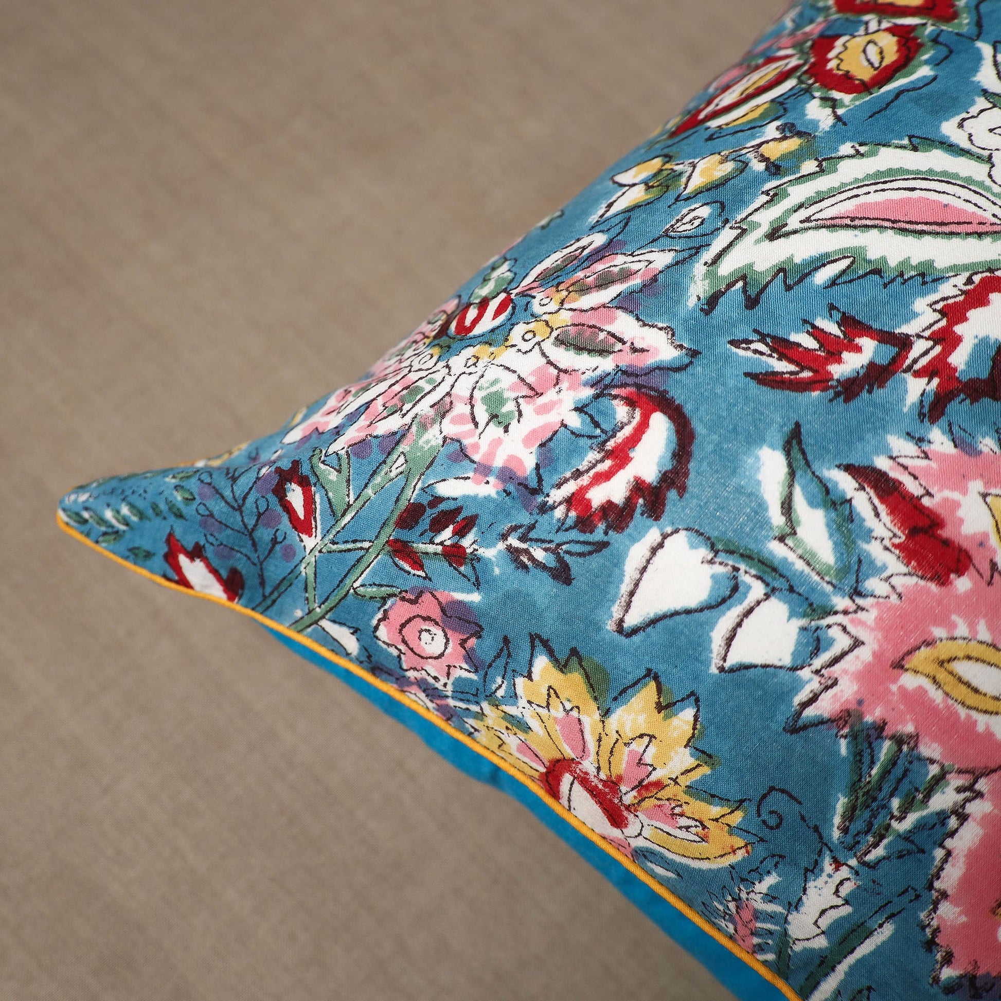 Blue - Block Print Cotton Sanganeri Cushion Cover (16 x 16 in) 19