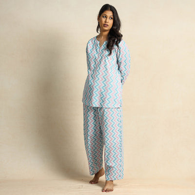 Blue - Hand Block Printed Cotton Night Suit