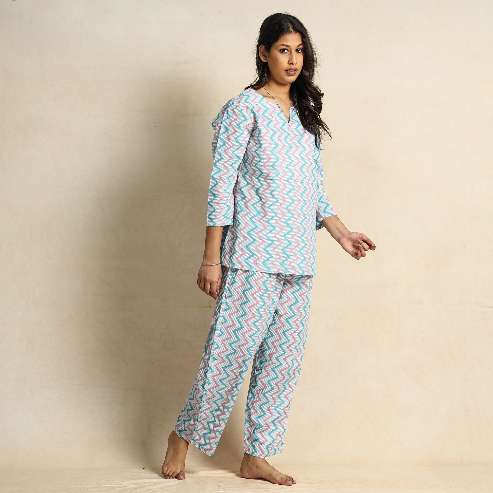 Blue - Hand Block Printed Cotton Night Suit