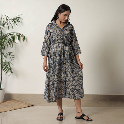 Black - Pedana Kalamkari Block Printed Cotton Dress 13