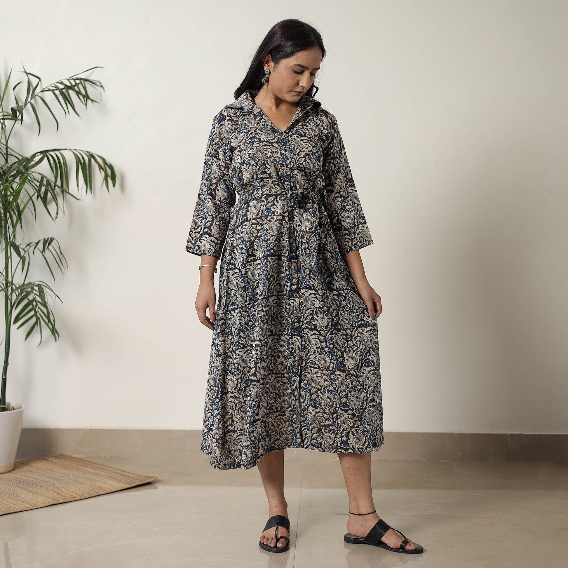 Black - Pedana Kalamkari Block Printed Cotton Dress 13
