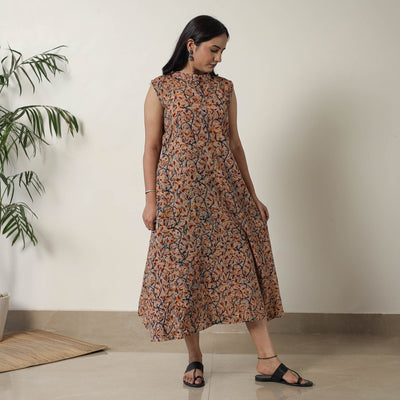 Beige - Pedana Kalamkari Block Printed Cotton Dress 17