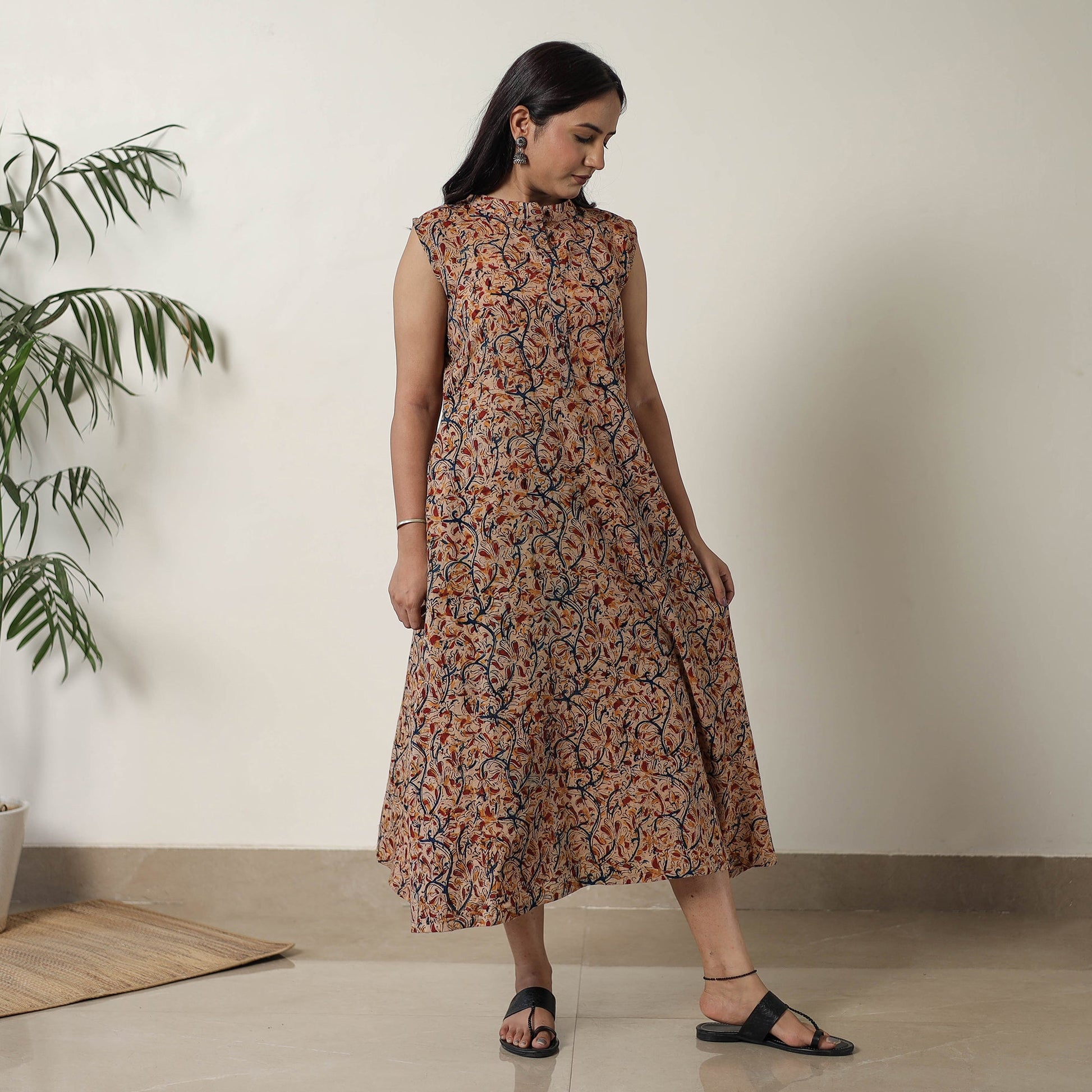 Beige - Pedana Kalamkari Block Printed Cotton Dress 17