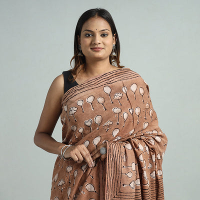 Brown - Bindaas Art Block Printed Natural Dyed Cotton Saree 02