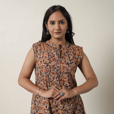 Beige - Pedana Kalamkari Block Printed Cotton Dress 17