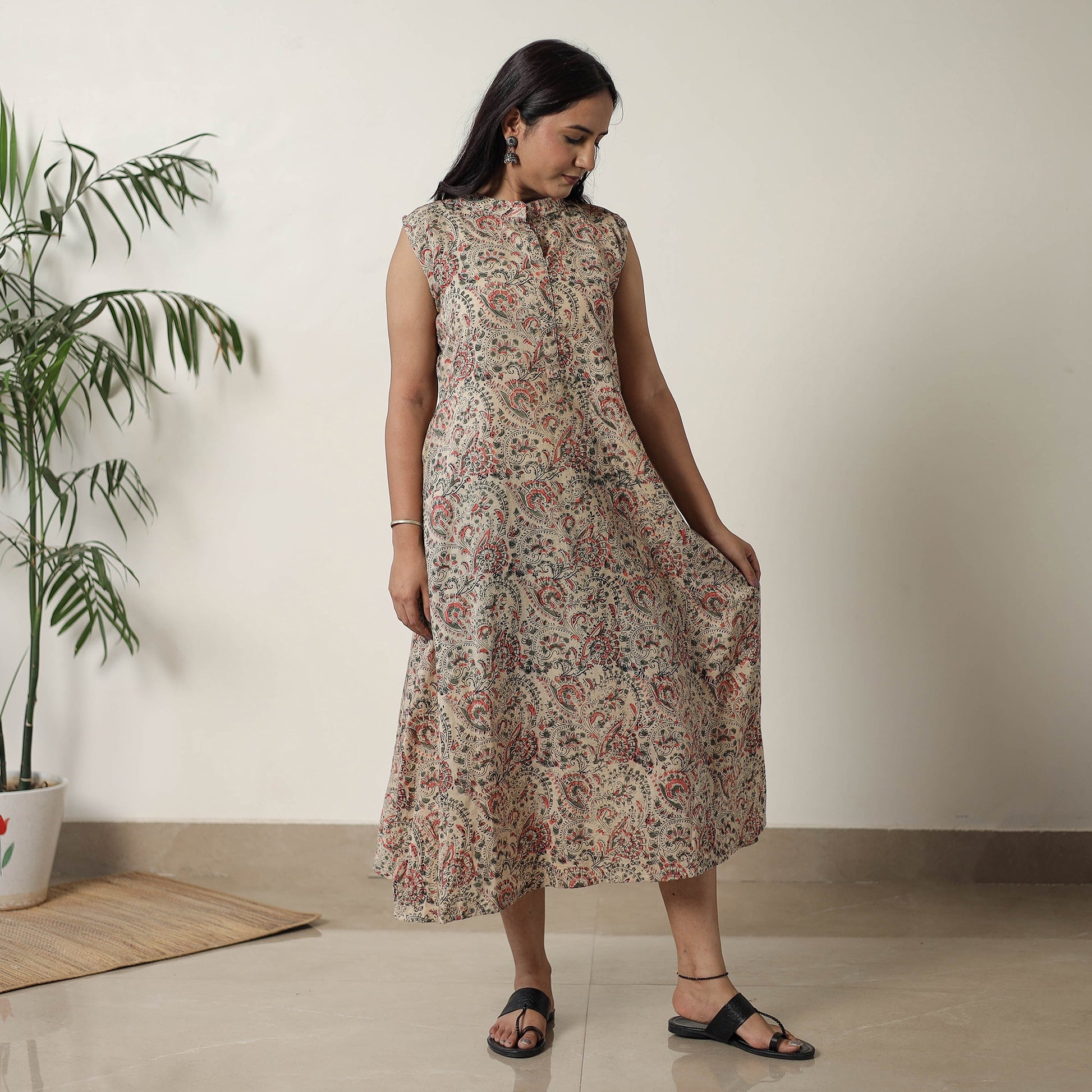 Beige - Pedana Kalamkari Block Printed Cotton Dress 16