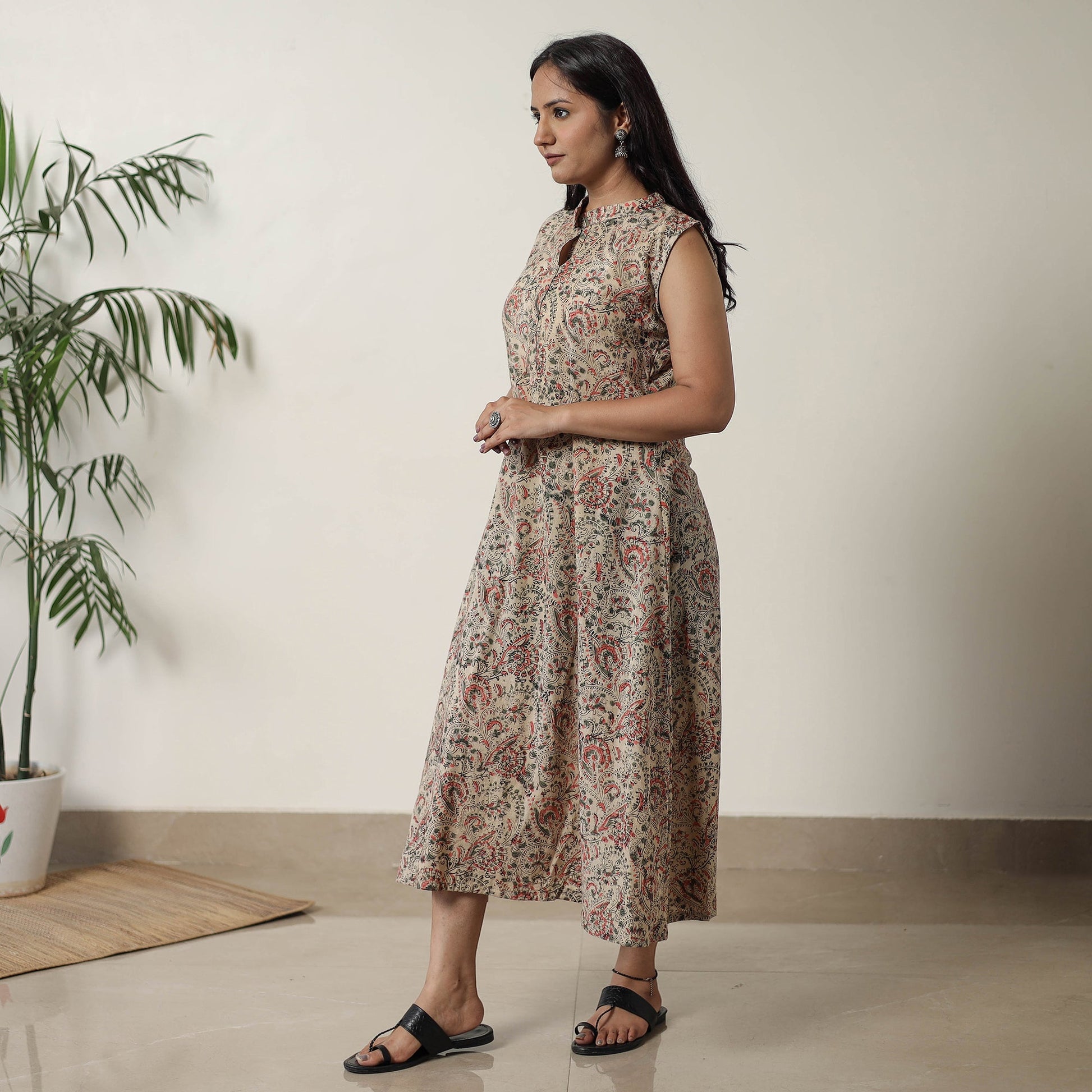 Beige - Pedana Kalamkari Block Printed Cotton Dress 16