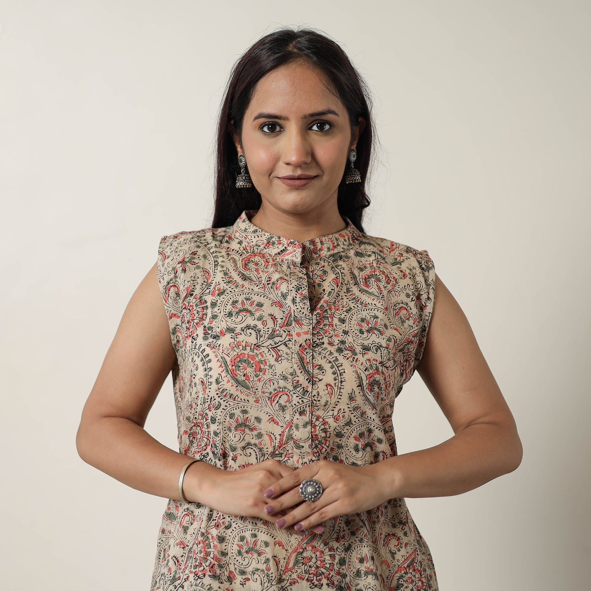 Beige - Pedana Kalamkari Block Printed Cotton Dress 16