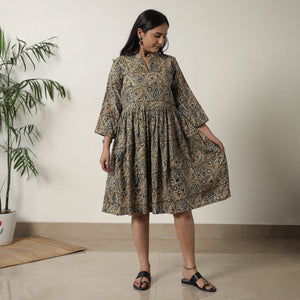 Brown - Pedana Kalamkari Block Printed Cotton Flared Dress 09