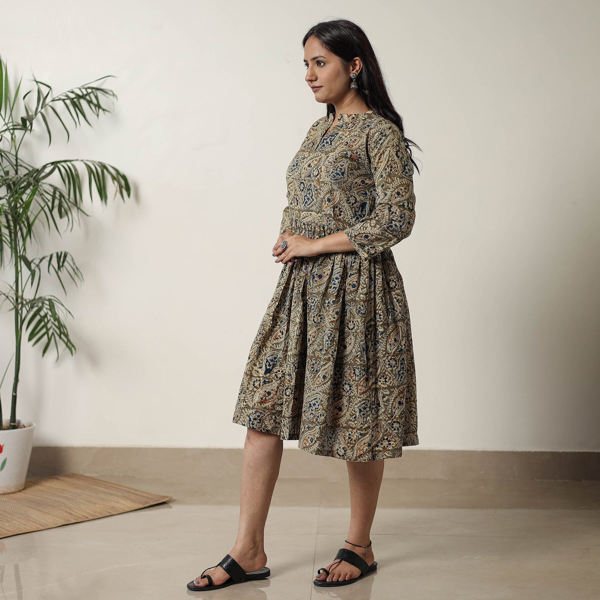Brown - Pedana Kalamkari Block Printed Cotton Flared Dress 09