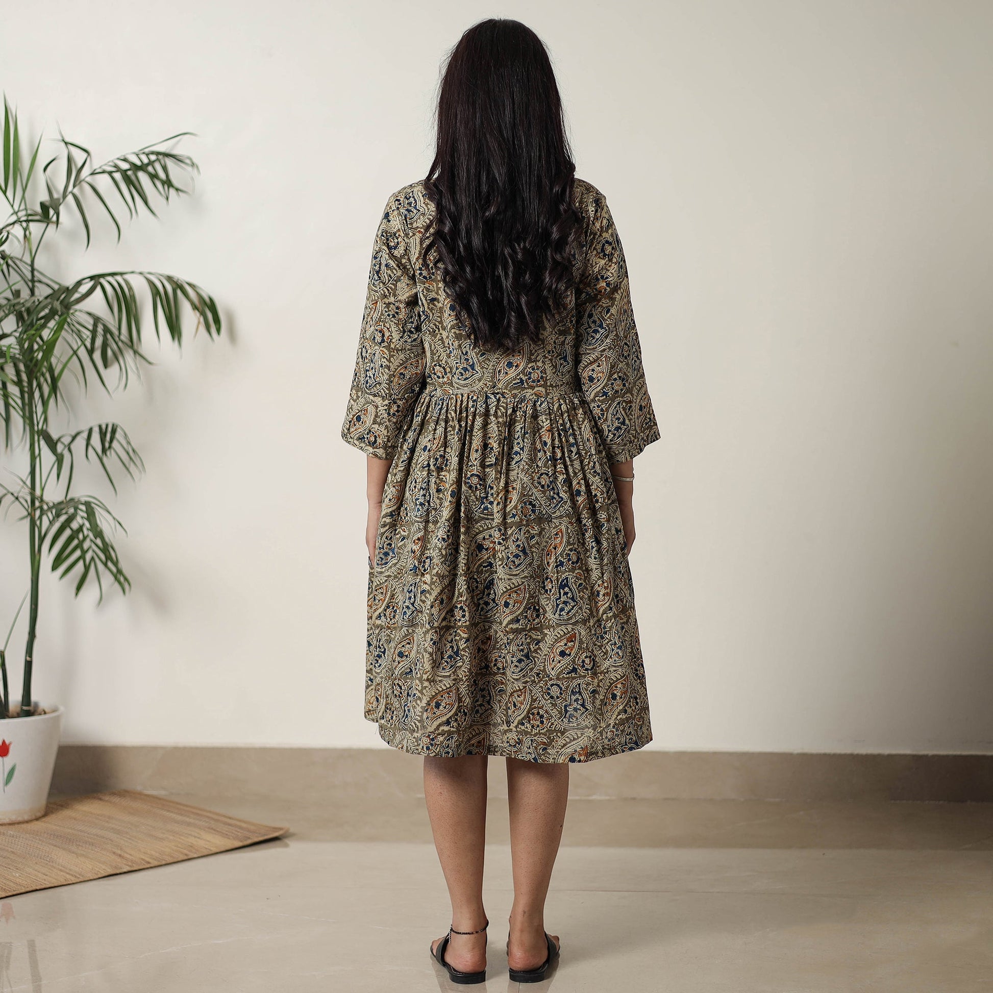 Brown - Pedana Kalamkari Block Printed Cotton Flared Dress 09