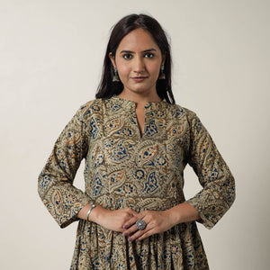 Brown - Pedana Kalamkari Block Printed Cotton Flared Dress 09