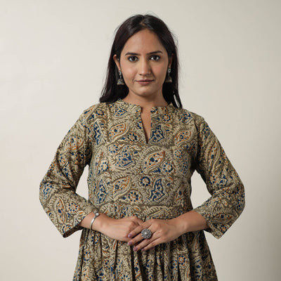Brown - Pedana Kalamkari Block Printed Cotton Flared Dress 09