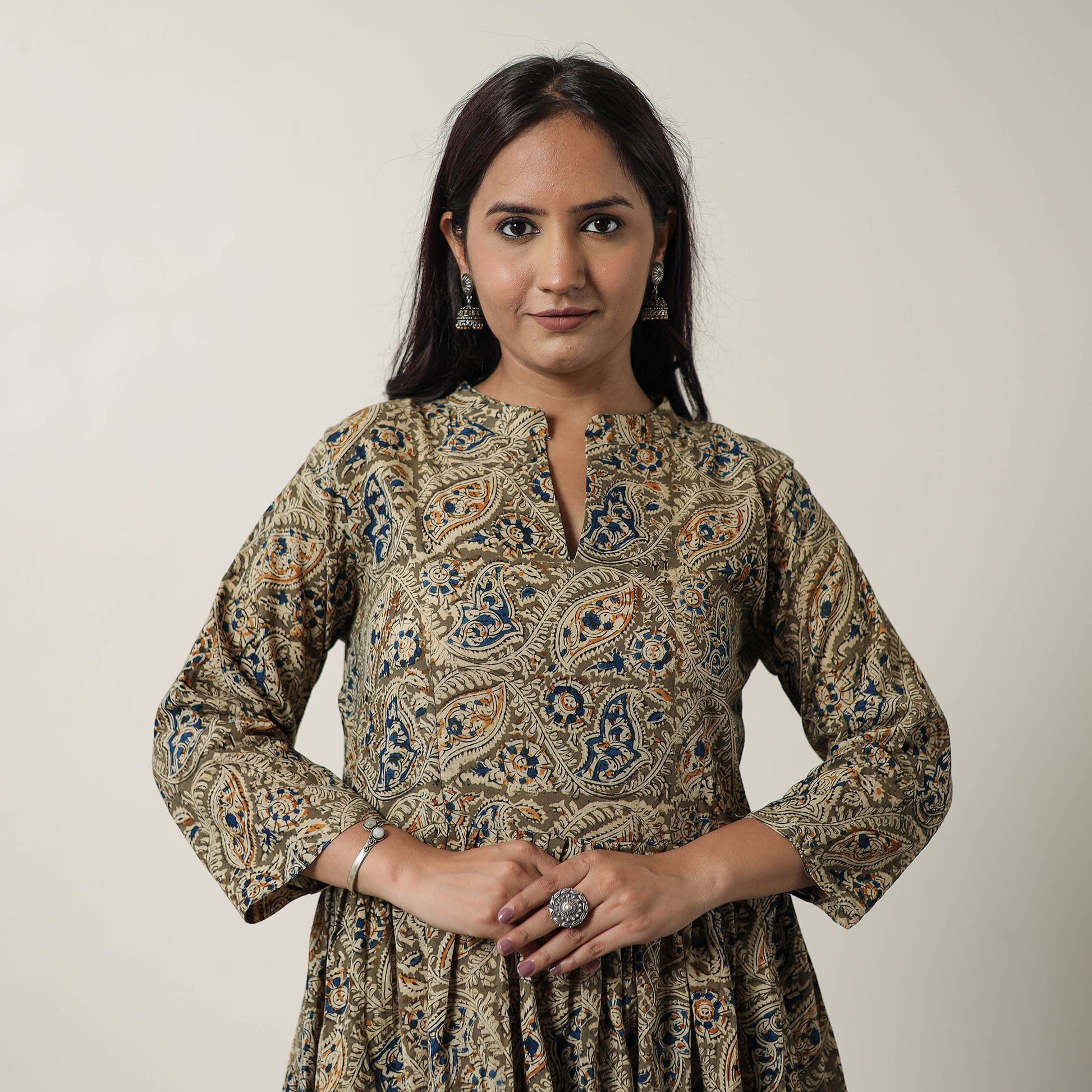 Brown - Pedana Kalamkari Block Printed Cotton Flared Dress 09
