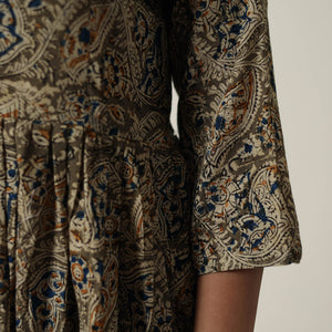 Brown - Pedana Kalamkari Block Printed Cotton Flared Dress 09