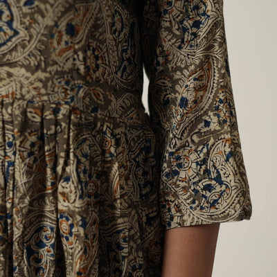 Brown - Pedana Kalamkari Block Printed Cotton Flared Dress 09