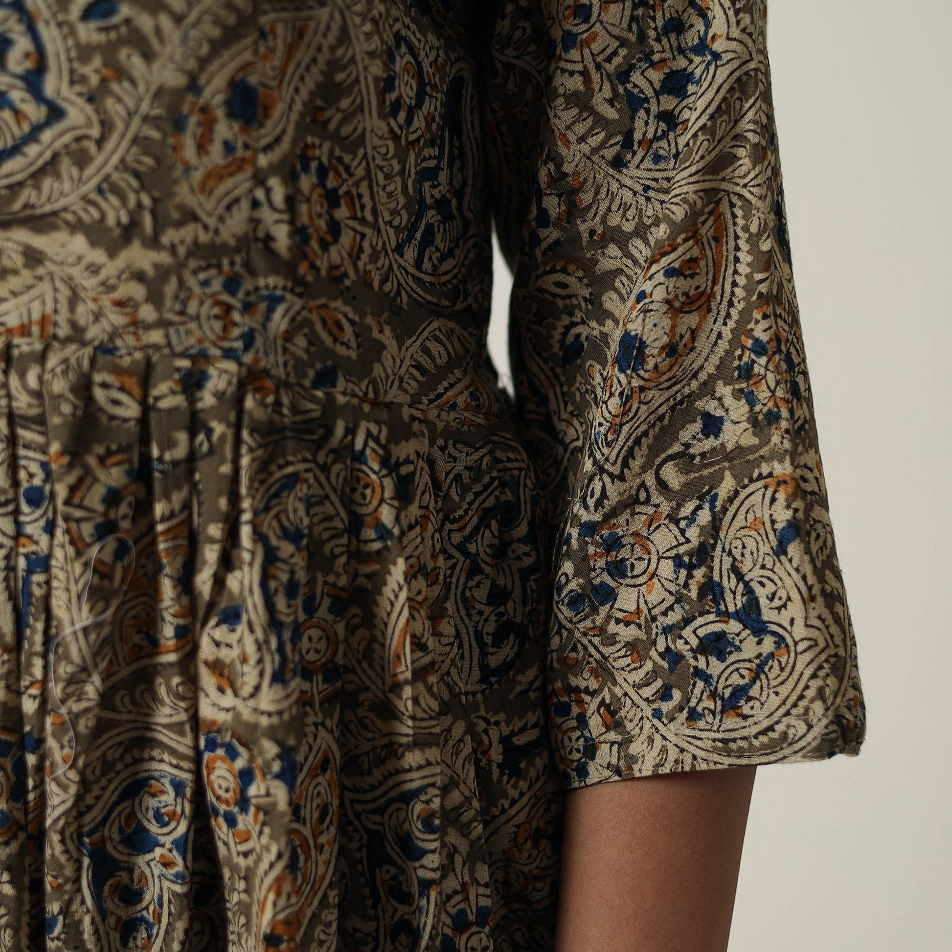 Brown - Pedana Kalamkari Block Printed Cotton Flared Dress 09