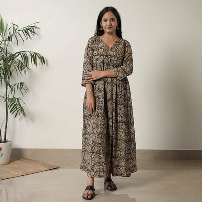Brown - Pedana Kalamkari Block Printed Cotton Flared Dress 05